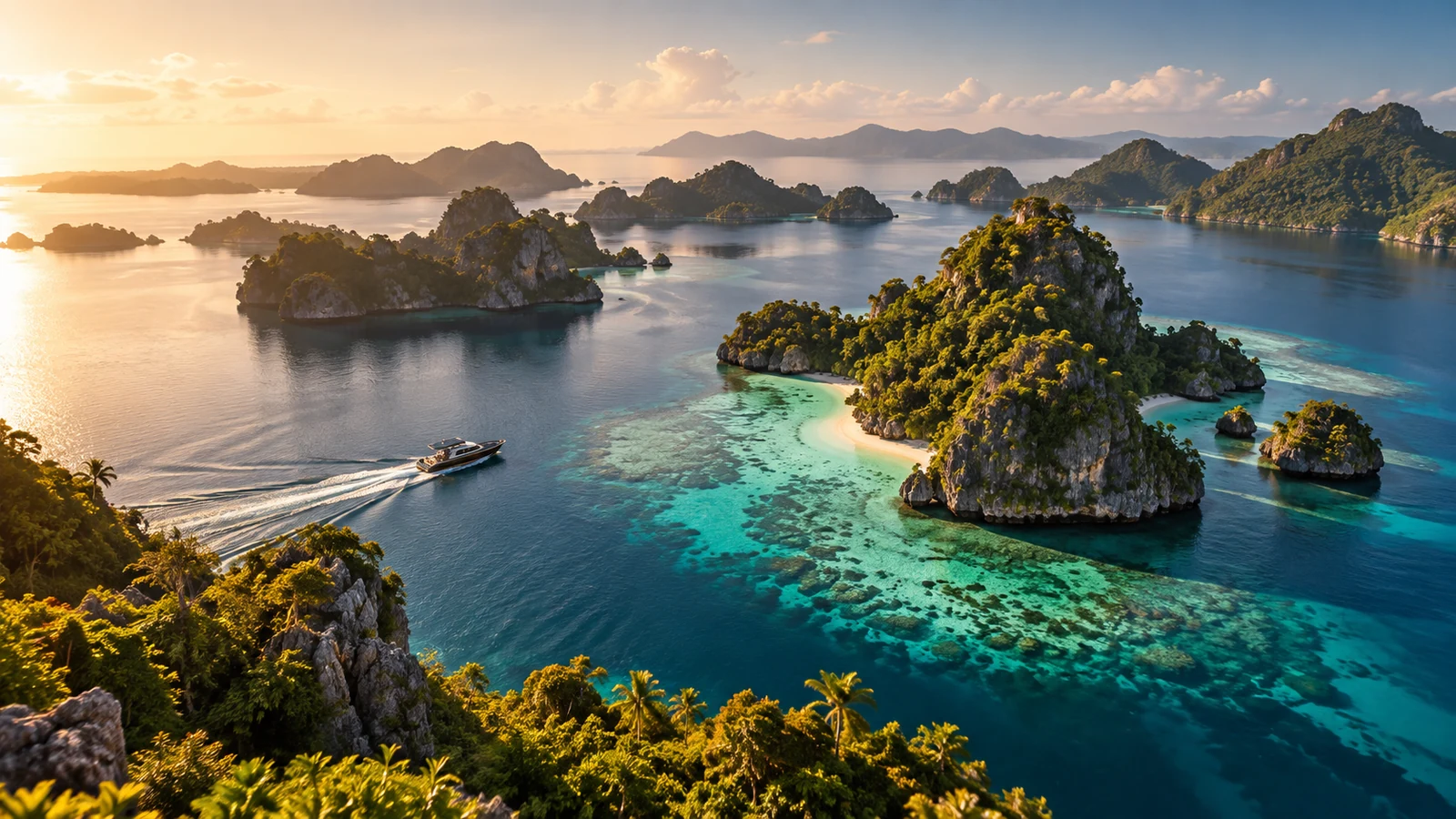 East Indonesia karst islands and turquoise reefs with an ELOVA guest tender in motion.