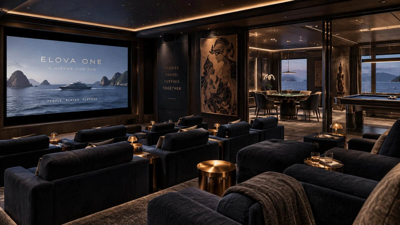 ELOVA's indoor social setting with cinema, mahjong and billiards at blue hour.