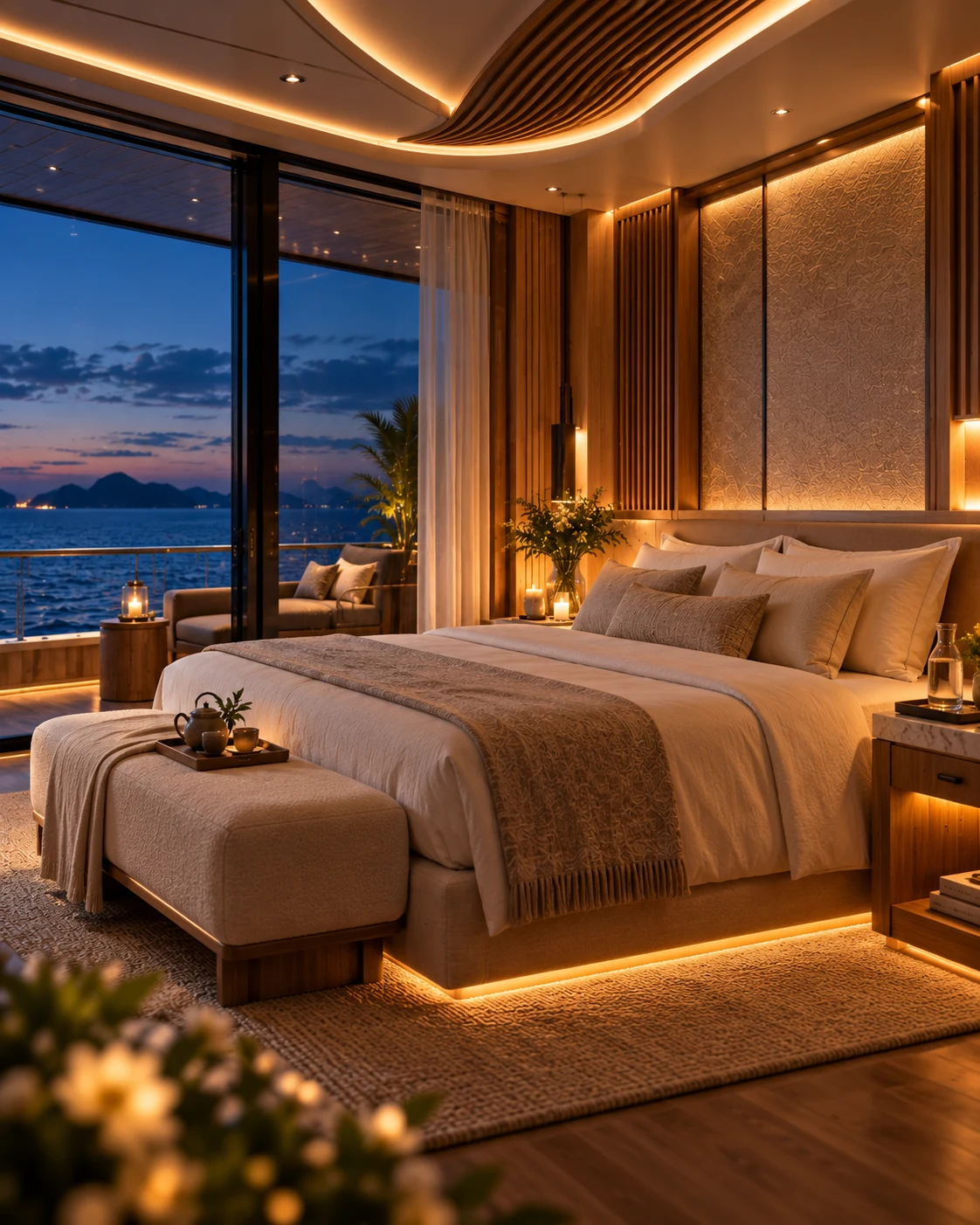 A calm ELOVA suite prepared for restorative sleep at twilight, with warm lighting and ocean views.